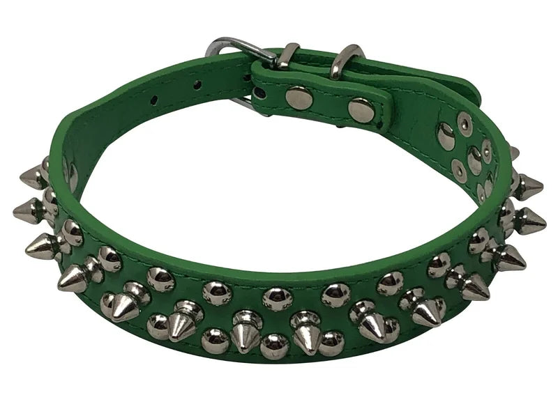 Adjustable Faux Leather Dog Collar With Studded Spikes And Rivets