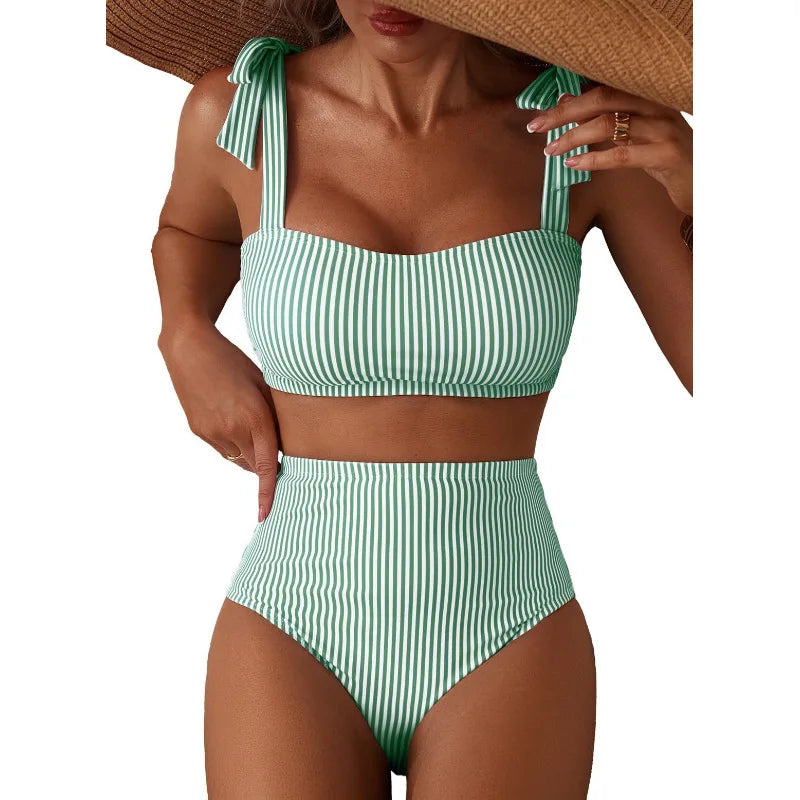Women's 2026 Two Piece Bikini Set Striped High Waist Tie Shoulder Swimsuit Summer Beachwear
