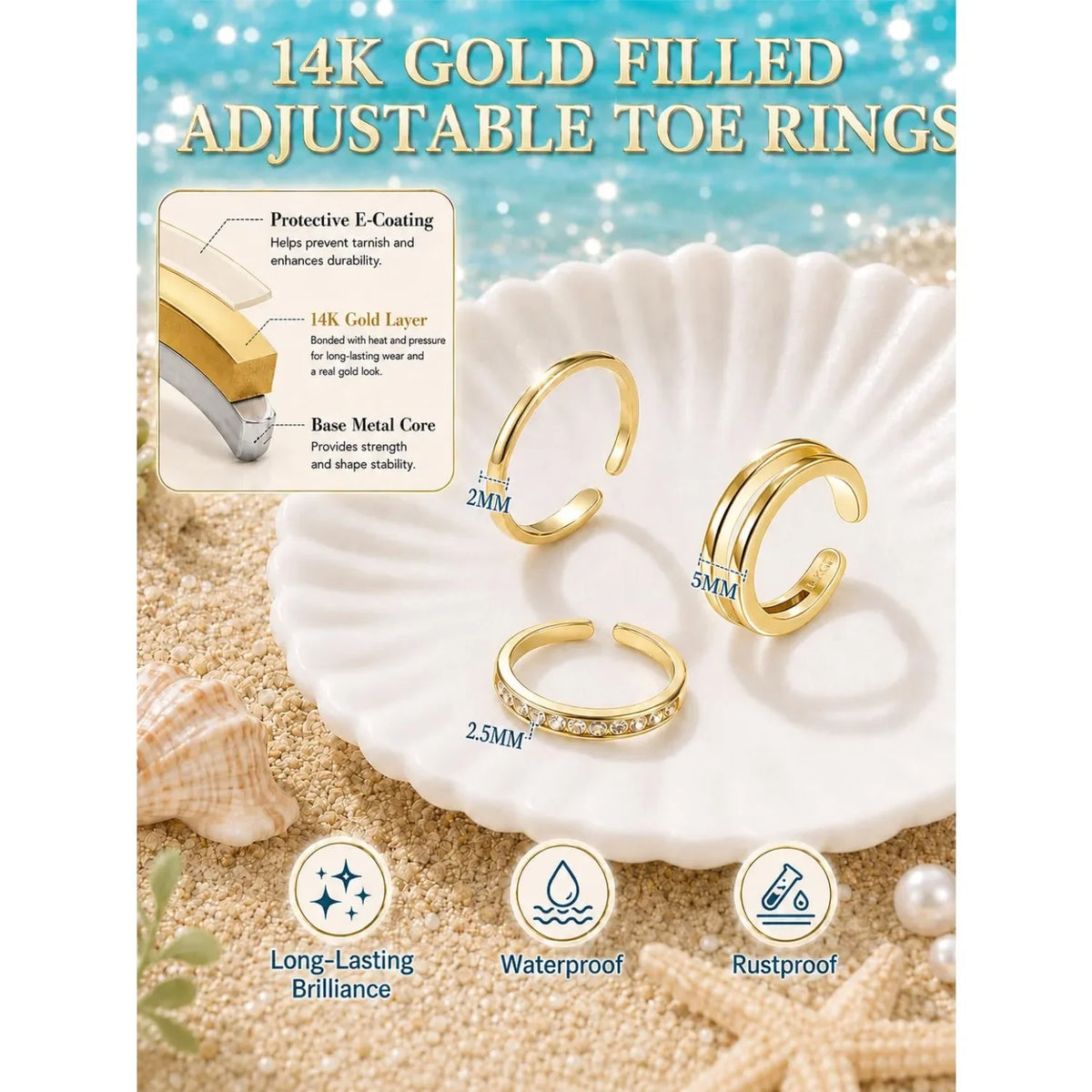 Adjustable 14K Gold Plated Toe Ring Set Featuring Cubic Zirconia