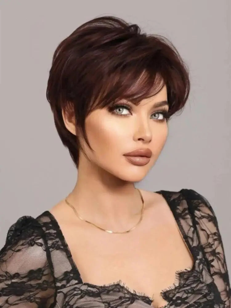 Short Elf cut wig suitable for black and white women's daily summer wig Short Deep Red Synthetic Wig with Bangs, 10 Inches