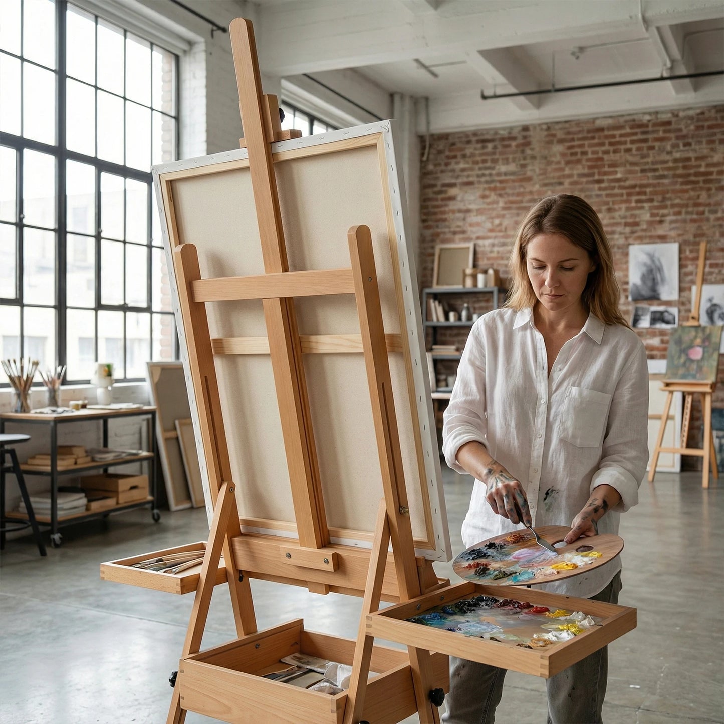 Large Wood H-Frame Easel W/ Storage Tray Adjustable Artist Easel Stand with Artist Storage Drawer for Painting and Display