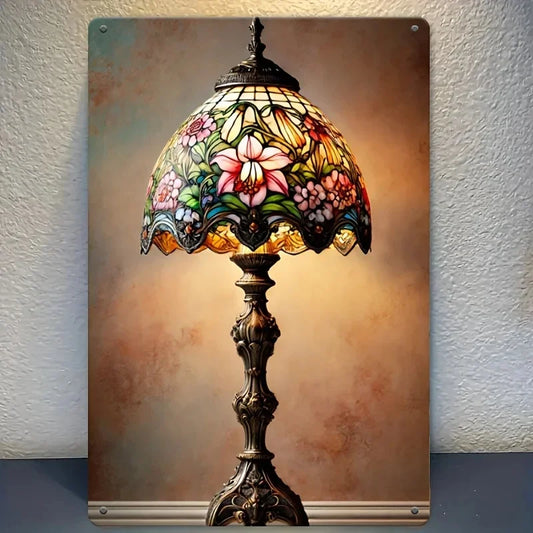 Vintage Floral Glass Table Lamp Metal Sign Warm Beige Brown