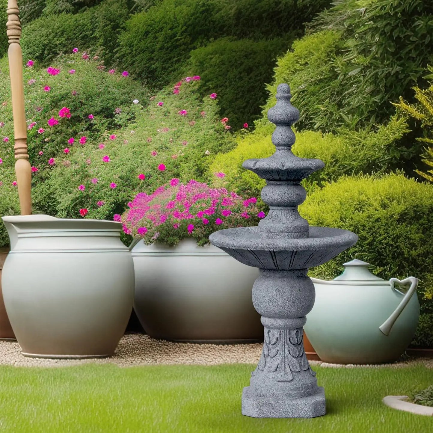 52.56 in. Outdoor Two-Tier Water Fountain with Realistic ICY Stone Texture for Outdoor Living Spaces Creating a Calming Oasis