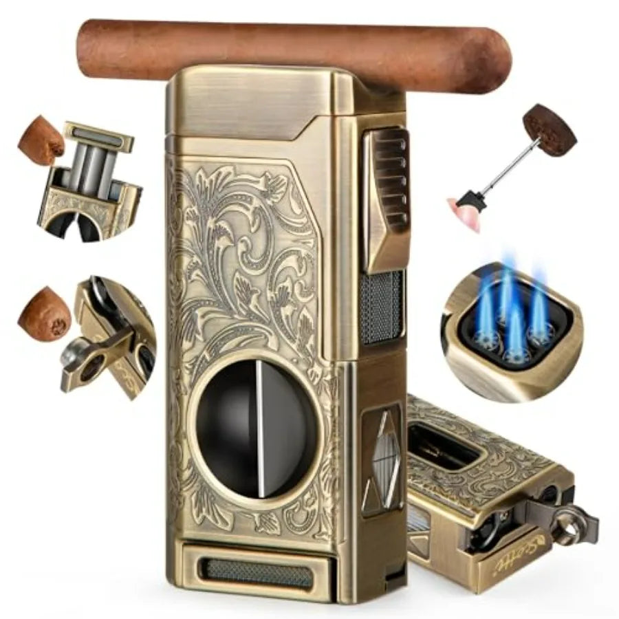 Cigar Lighter, 4 Jet Flame Torch Lighter, Refillable Butane Lighter with Cigar Cutter V Cut Cigar Punch Cigar Holder Cigar Draw