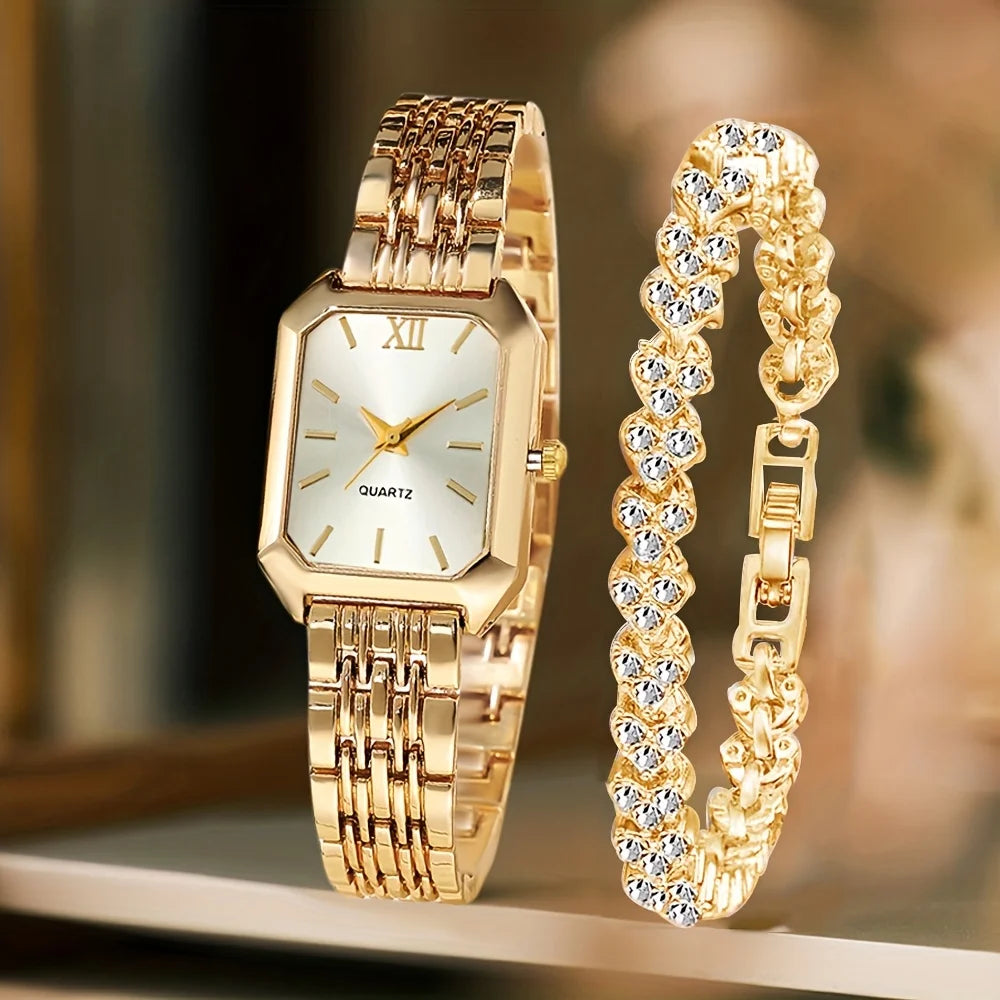 Two Piece Rectangle Women Quartz Watch With Rhinestone Bracelet Set