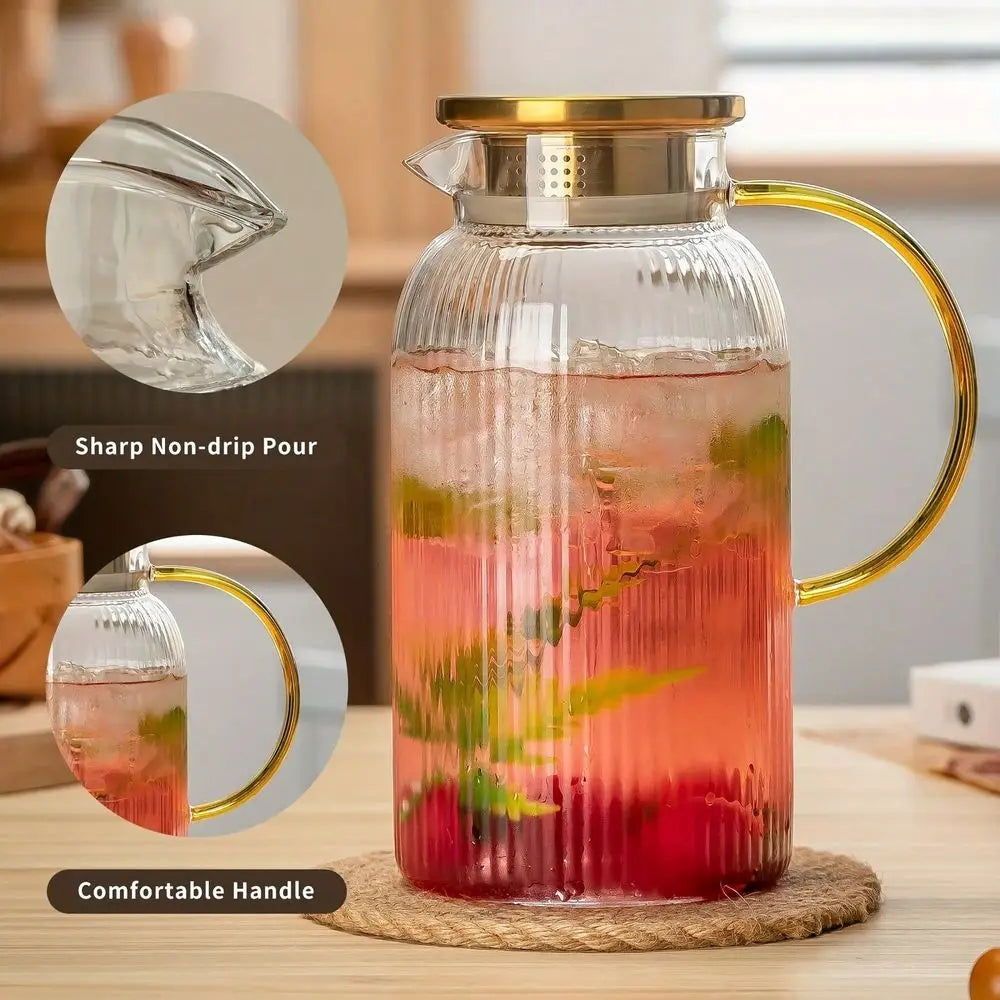 Glass Pitcher Set With Lid, 68oz Classic Vertical Stripes Water Pitcher, For Cold Brew, Coffee, Lemonade, Iced Sun Tea, Beverag