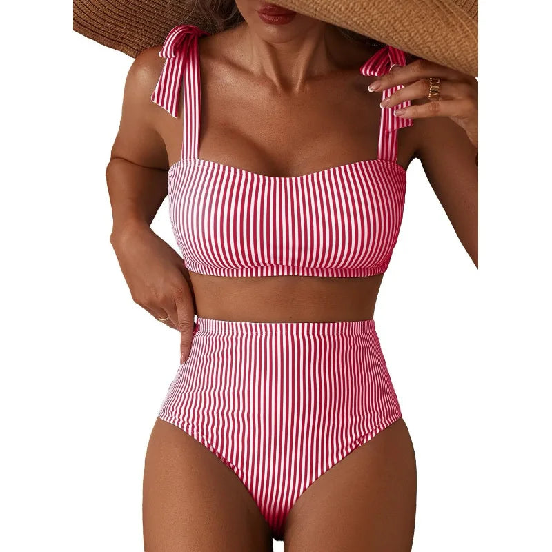 Women's 2026 Two Piece Bikini Set Striped High Waist Tie Shoulder Swimsuit Summer Beachwear