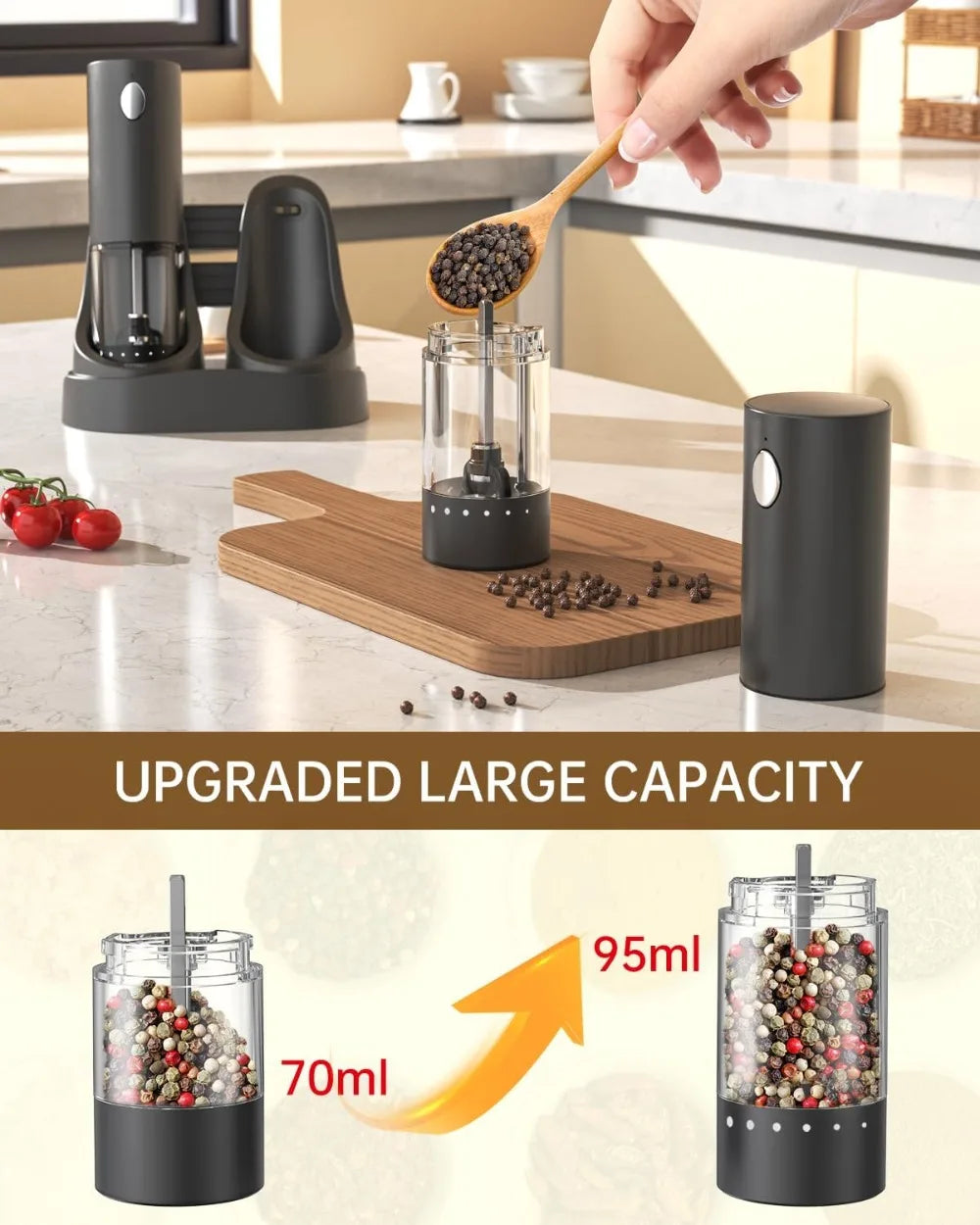 Electric Salt And Pepper Grinder Set With Usb Rechargeable Base And Led Light, Adjustable Coarseness