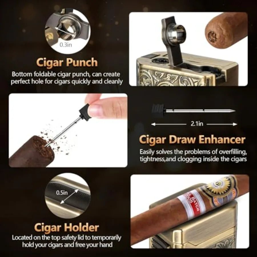 Cigar Lighter, 4 Jet Flame Torch Lighter, Refillable Butane Lighter with Cigar Cutter V Cut Cigar Punch Cigar Holder Cigar Draw