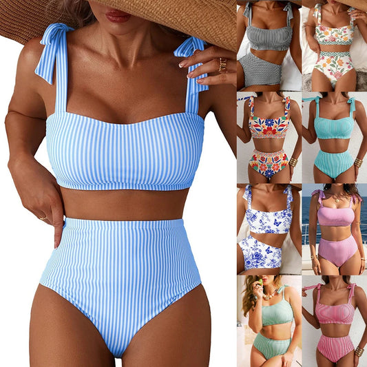 Women's 2026 Two Piece Bikini Set Striped High Waist Tie Shoulder Swimsuit Summer Beachwear