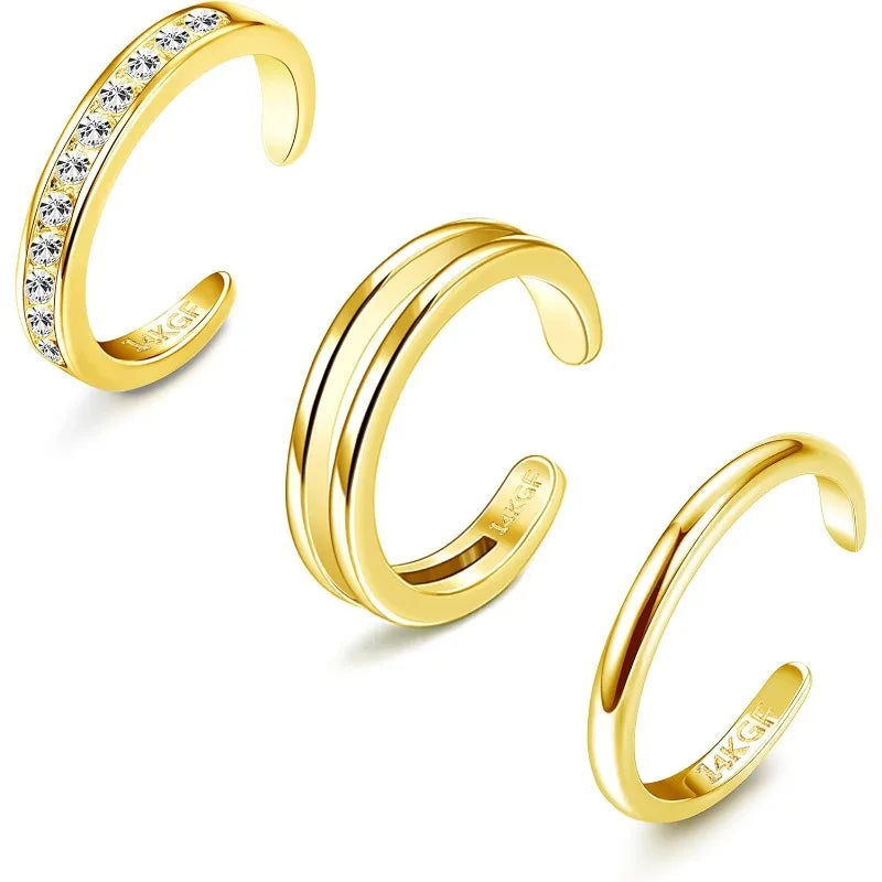 Adjustable 14K Gold Plated Toe Ring Set Featuring Cubic Zirconia