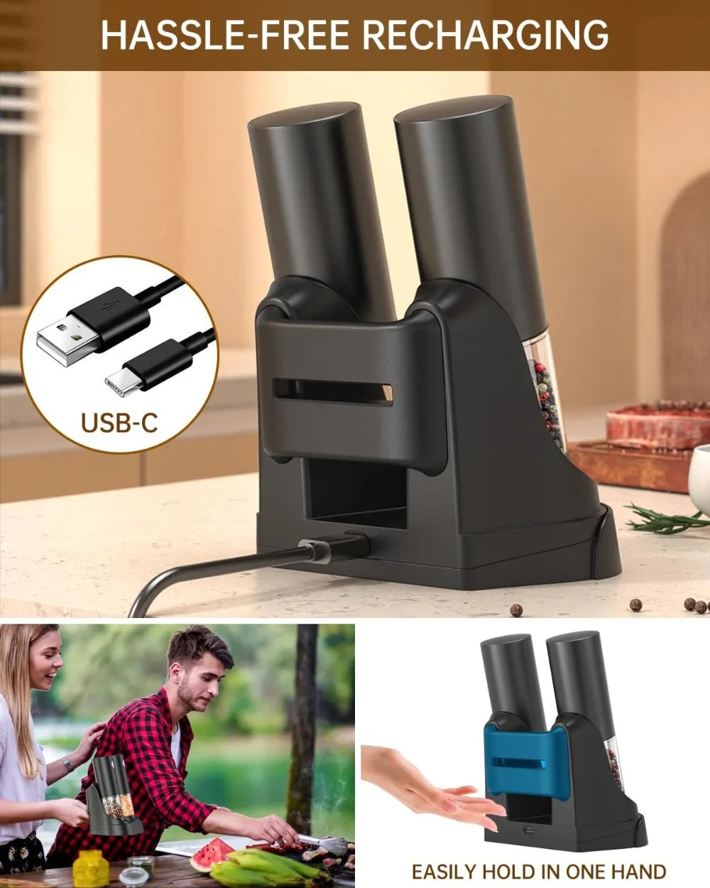 Electric Salt And Pepper Grinder Set With Usb Rechargeable Base And Led Light, Adjustable Coarseness
