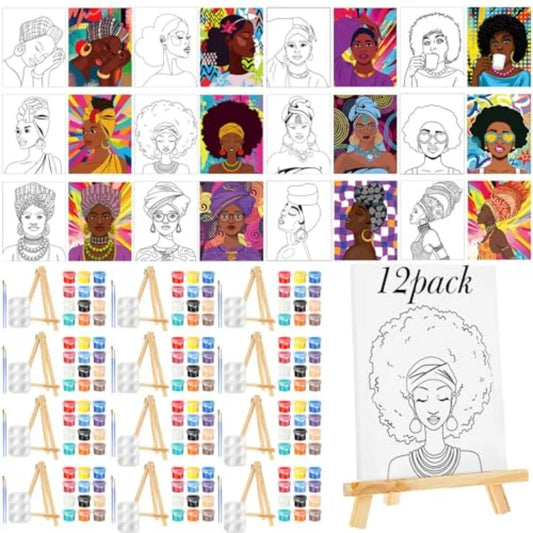 72 Pcs 12 Sets Sip and Paint Kit Pre Drawn Canvas for Painting 8" x 10" Paint Party Canvas Painting Pre Printed Canvases for Pa