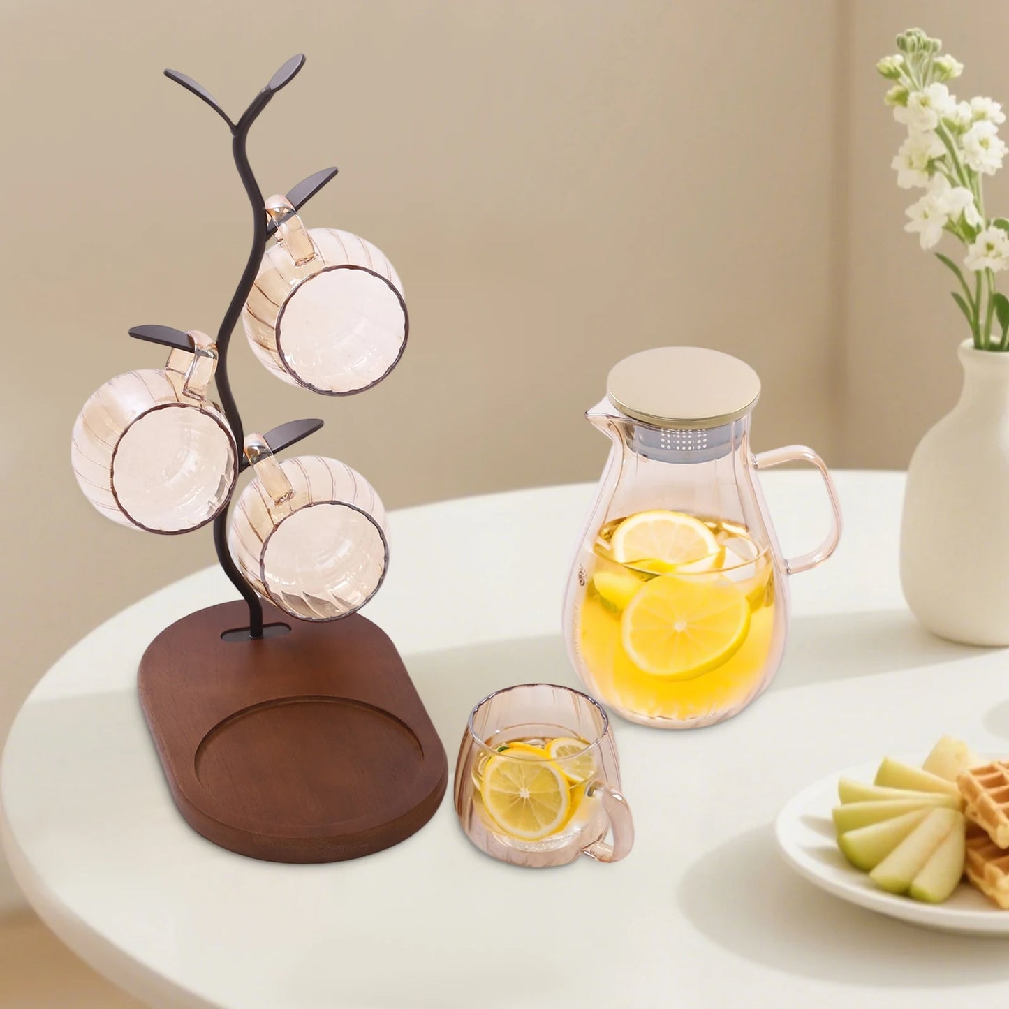 Borosilicate Glass Pitcher Set With 4 Cups And Wooden Rack
