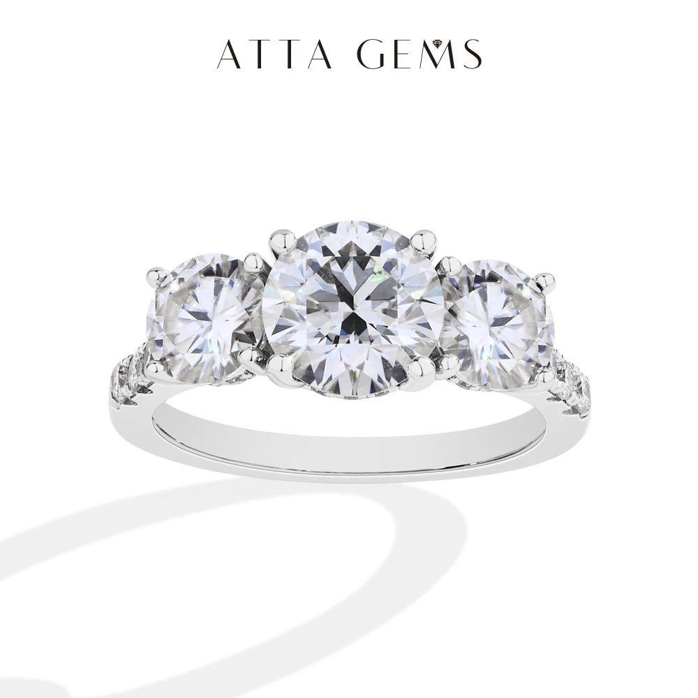 Attagems Three Stone Moissanite Ring In 925 Sterling Silver