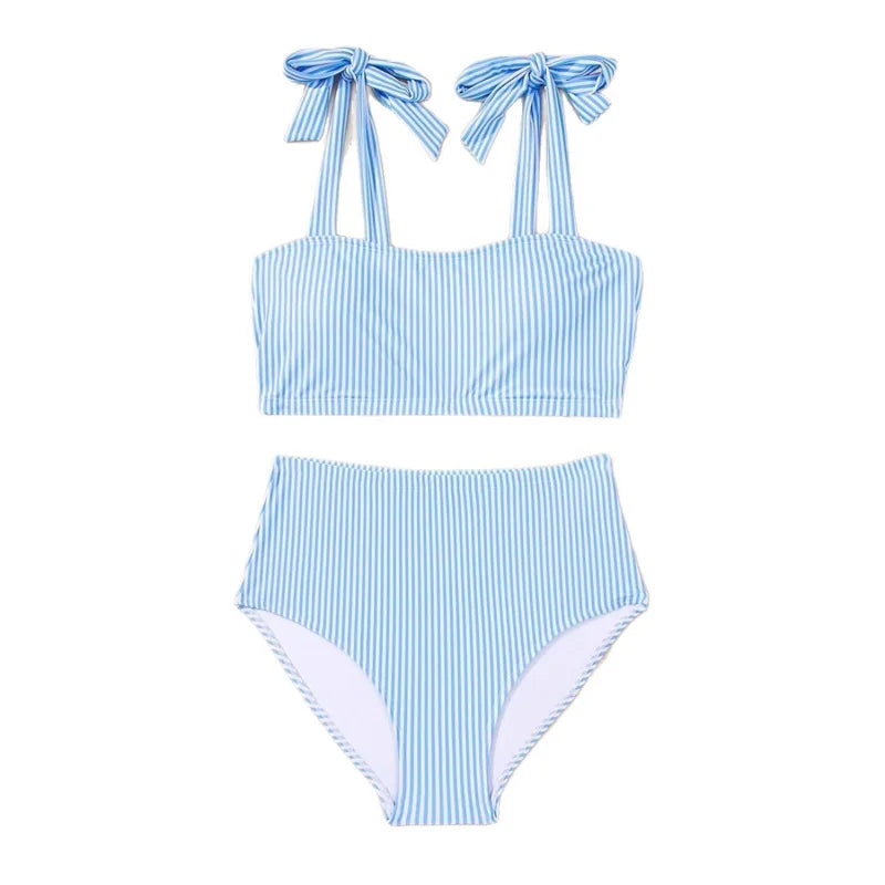 Women's 2026 Two Piece Bikini Set Striped High Waist Tie Shoulder Swimsuit Summer Beachwear