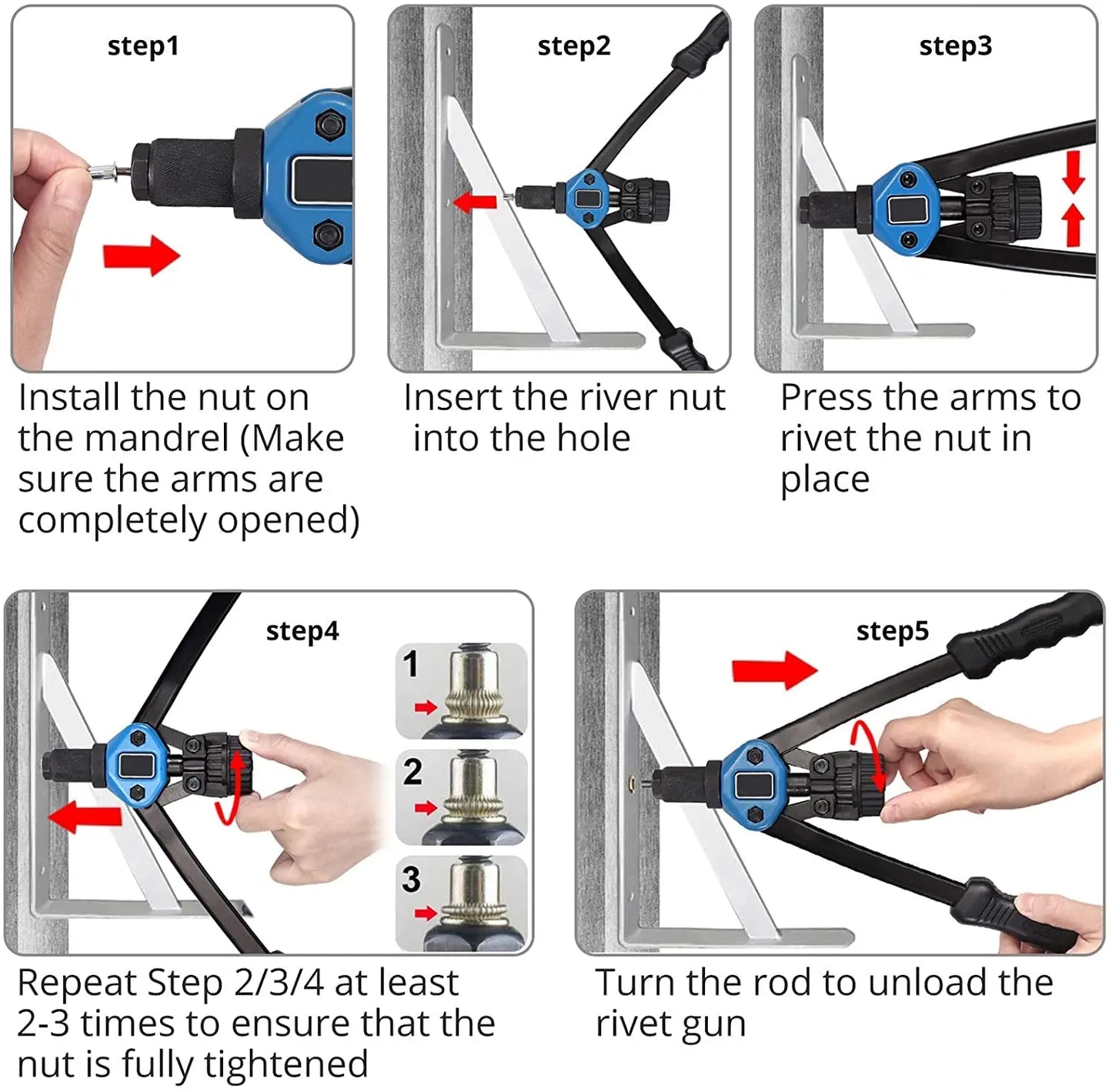 150PCS Professional Hand Rivnut Nut Thread Riveter Gun Repair Tool Set, 13” Rivnut Tool Kit with 11 Metric and SAE Mandrels