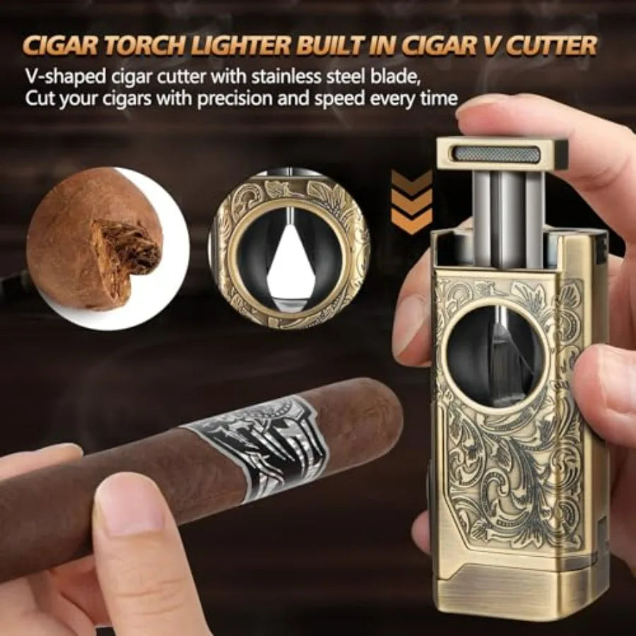 Cigar Lighter, 4 Jet Flame Torch Lighter, Refillable Butane Lighter with Cigar Cutter V Cut Cigar Punch Cigar Holder Cigar Draw