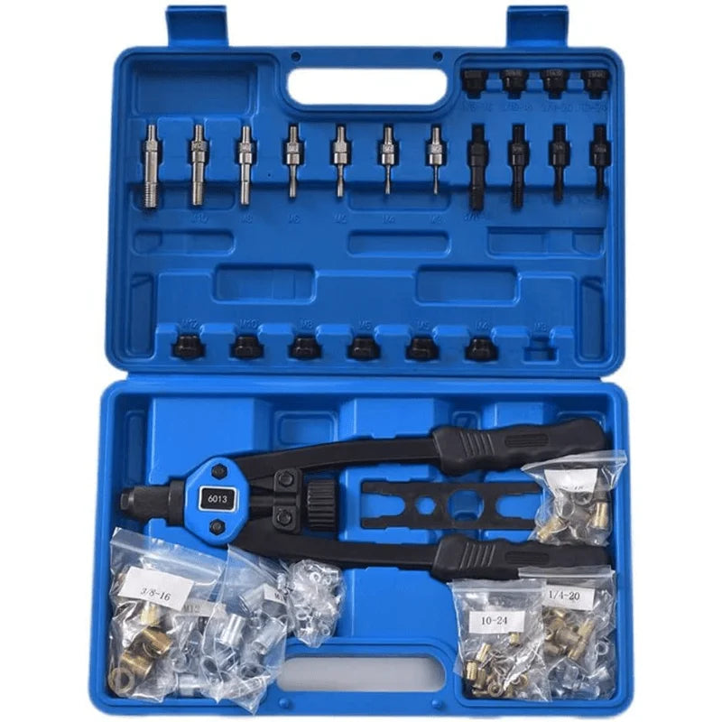 150PCS Professional Hand Rivnut Nut Thread Riveter Gun Repair Tool Set, 13” Rivnut Tool Kit with 11 Metric and SAE Mandrels
