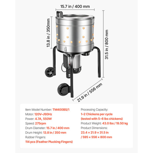 SucceBuy Chicken Plucker Machine 15.7in/19.7in/25.6in Drum with Soft Fingers & Transport Wheels for Processing 1-2/4 Chicks Once