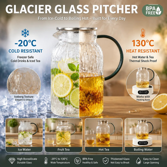Premium Quality Glass Glacier Cold Water Pitcher,Sturdy Borosilicate Glass Jug for Fruit Tea,Refreshing Drinks–Relax and Enjoy
