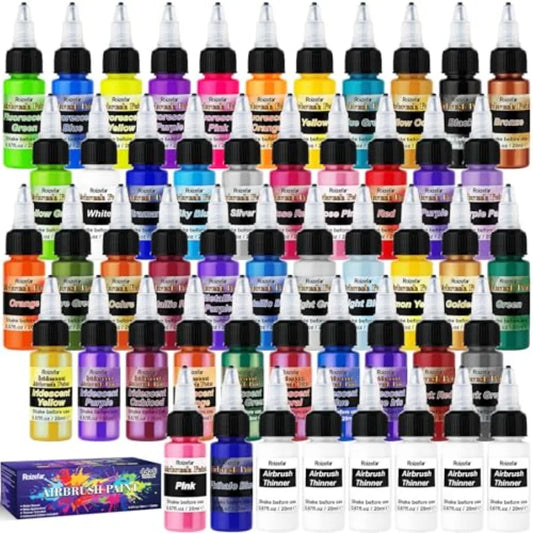 Airbrush Paint,,Airbrush Paint Set Includes Iridescent and Metallic and Neon and Classic Colors, Water-Based Air Brush Paints A