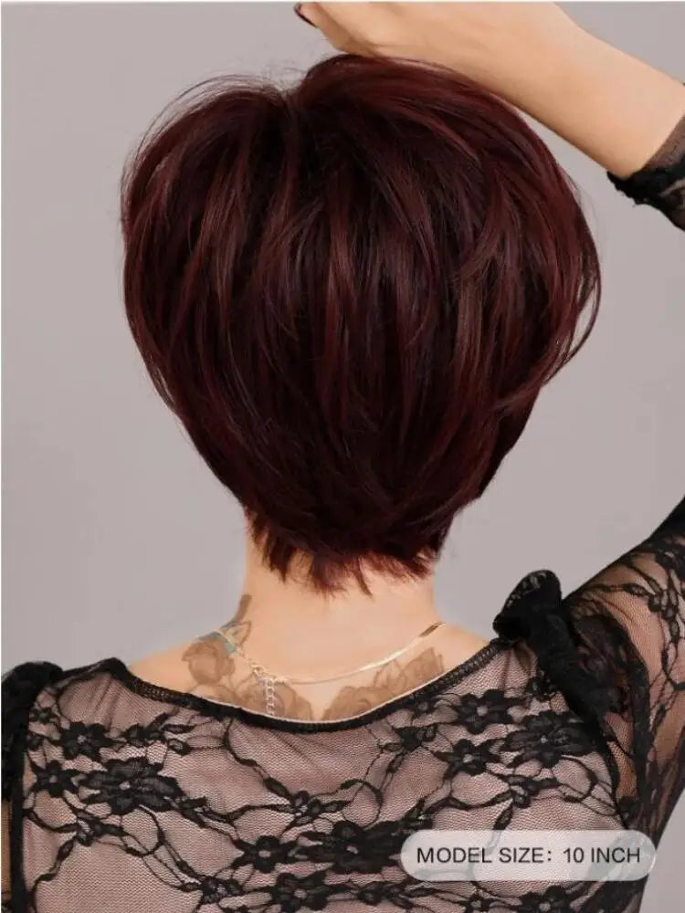 Short Elf cut wig suitable for black and white women's daily summer wig Short Deep Red Synthetic Wig with Bangs, 10 Inches