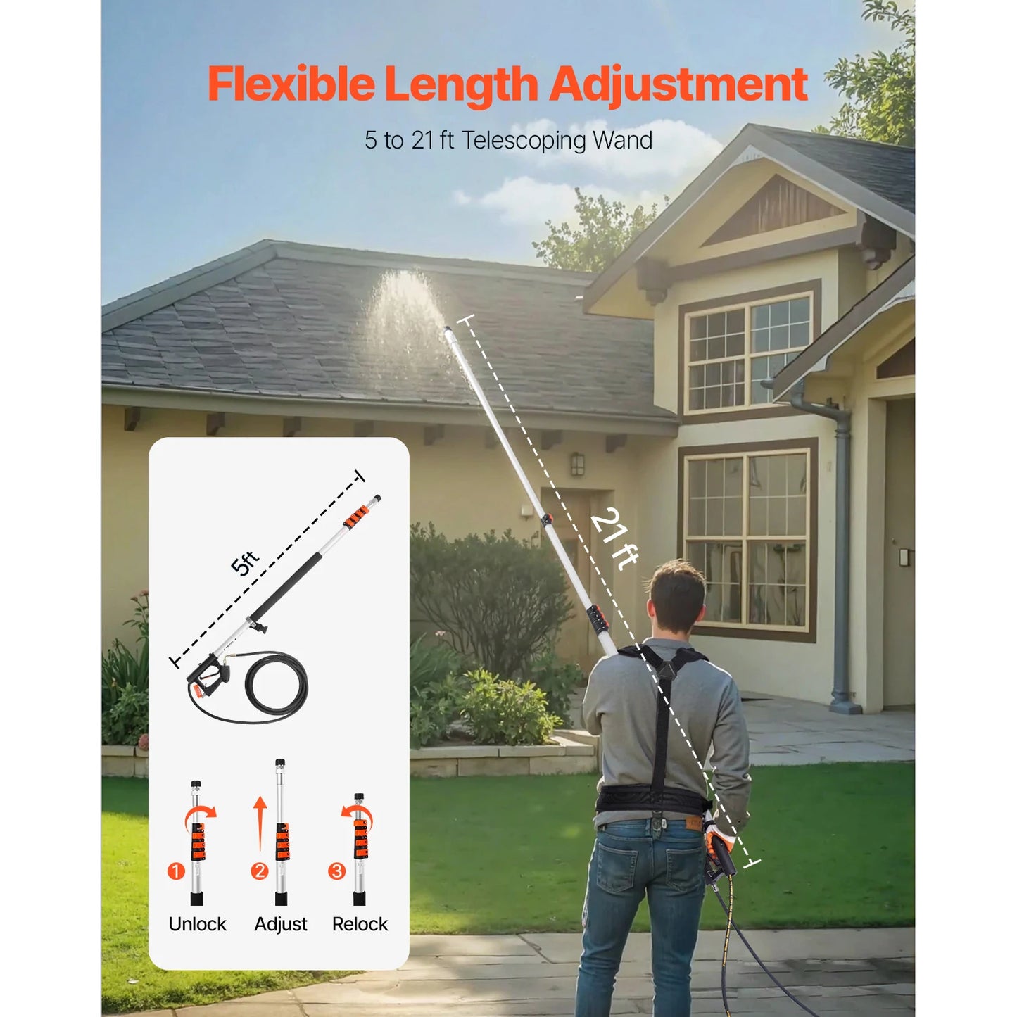VEVOR Pressure Washer Telescoping Wand 21 ft 4000 psi Telescopic Spray Wand with Power Washer Extension Wands 7 Spray Nozzle