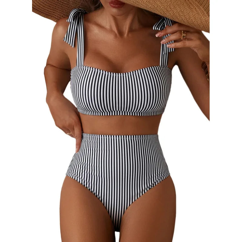 Women's 2026 Two Piece Bikini Set Striped High Waist Tie Shoulder Swimsuit Summer Beachwear