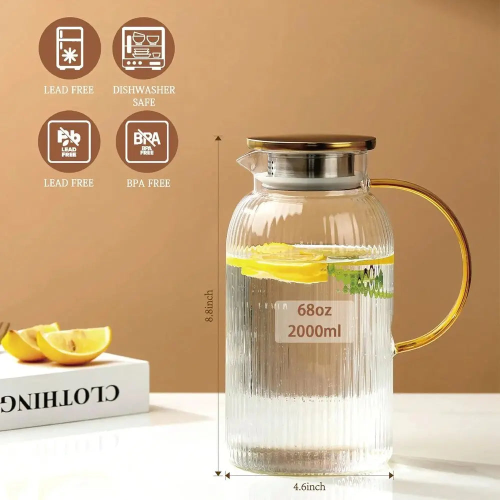 Glass Pitcher Set With Lid, 68oz Classic Vertical Stripes Water Pitcher, For Cold Brew, Coffee, Lemonade, Iced Sun Tea, Beverag