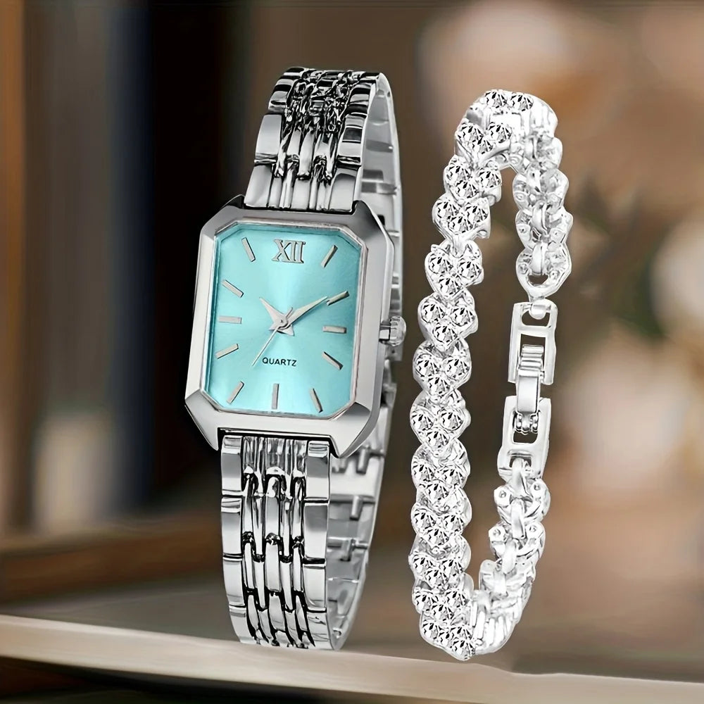 Two Piece Rectangle Women Quartz Watch With Rhinestone Bracelet Set