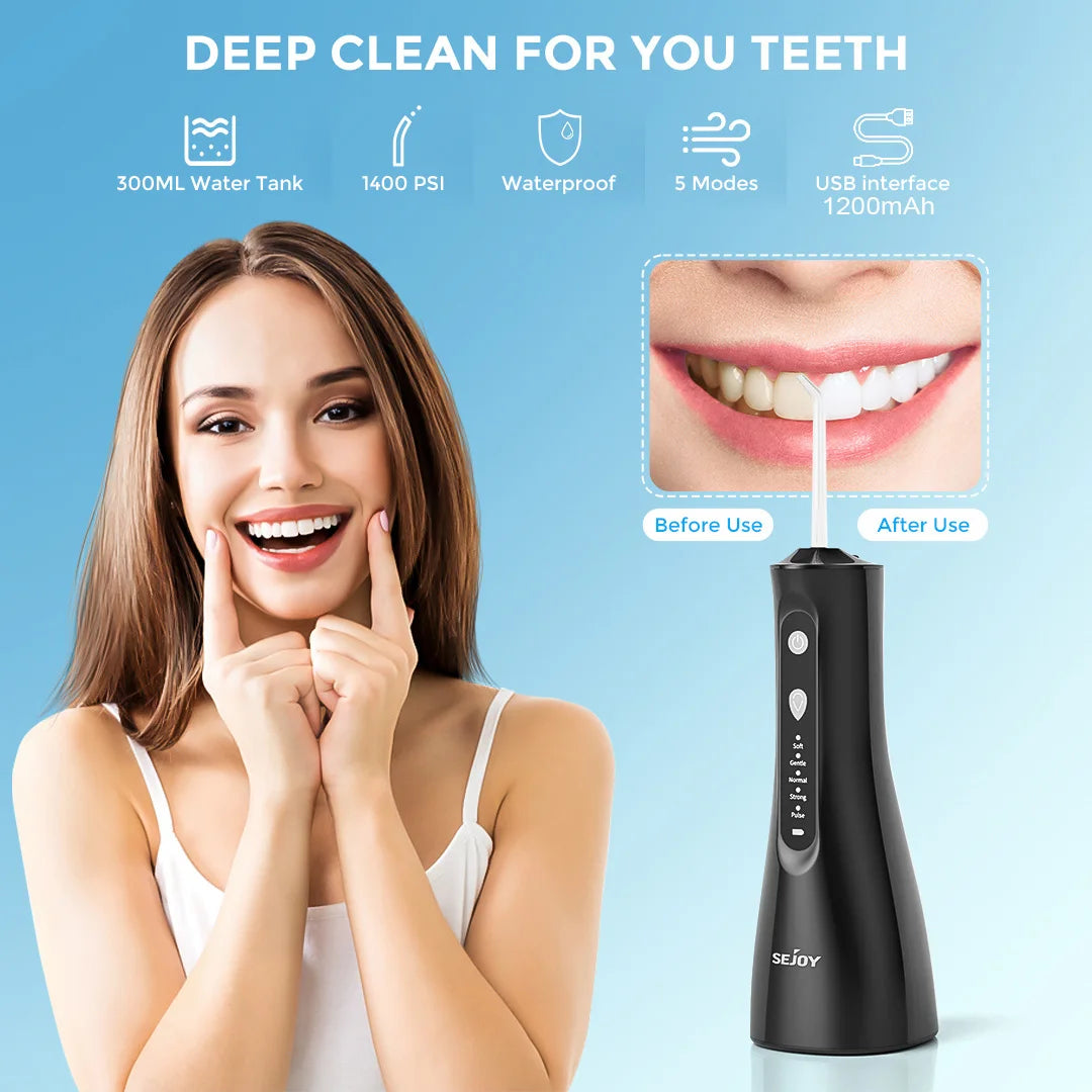 SEJOY Water Flosser Professional For Teeth, Gums, Braces, Dental Care, Electric Power With 5 Settings, 5 Tips For Home Travel