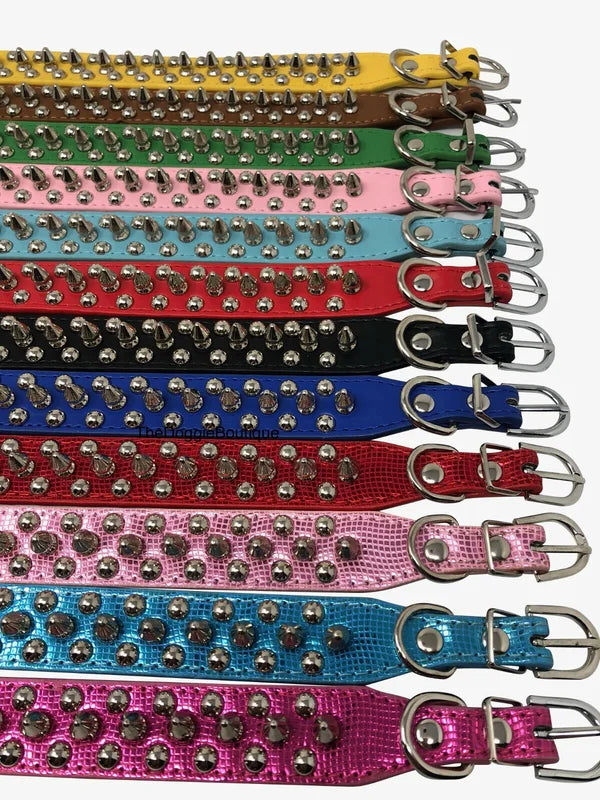 Adjustable Faux Leather Dog Collar With Studded Spikes And Rivets