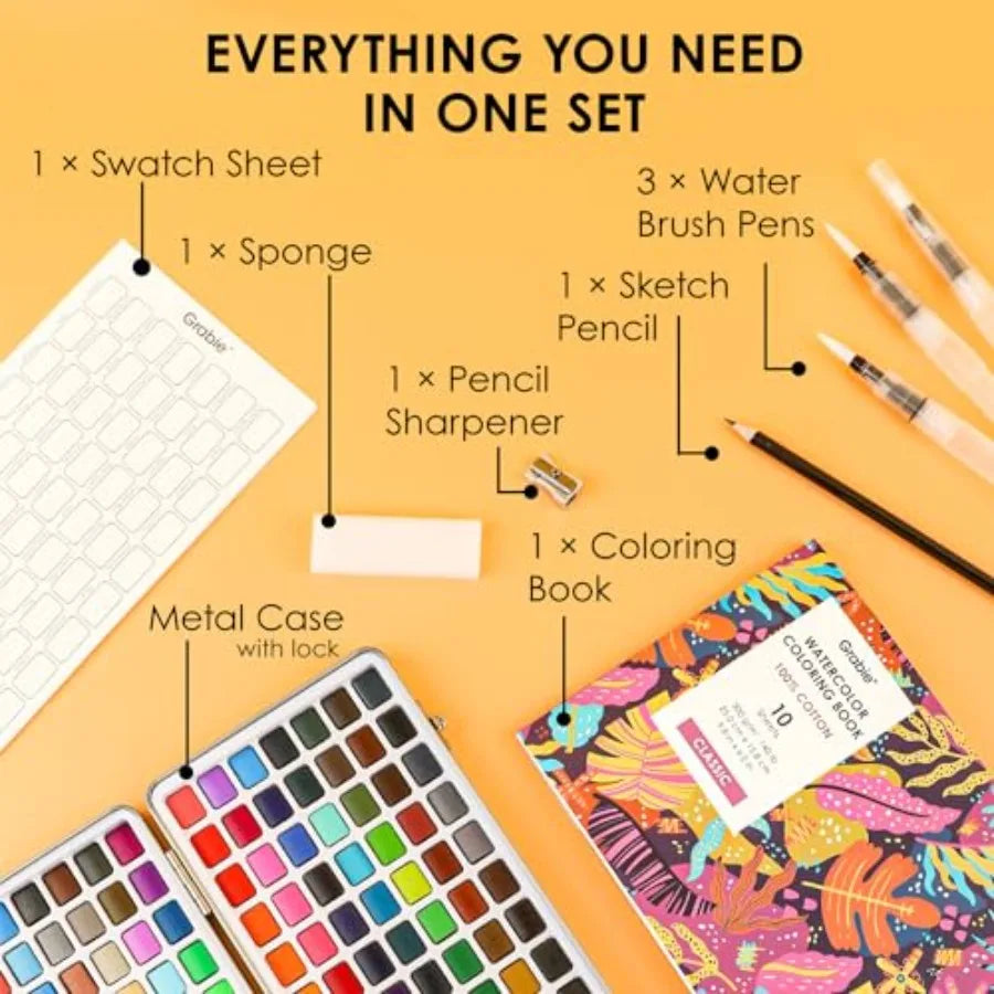 Watercolor Paint Set, Watercolor Paints,,Painting Set with Coloring Book, Water Brushes and Drawing Pencil, Art Supplies, Perfe