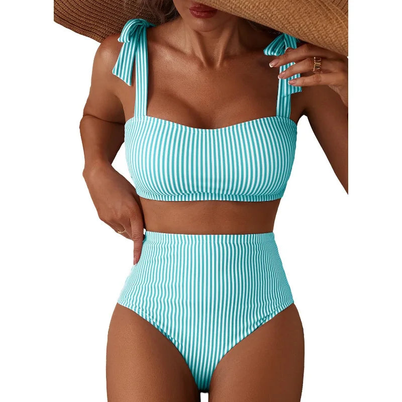 Women's 2026 Two Piece Bikini Set Striped High Waist Tie Shoulder Swimsuit Summer Beachwear