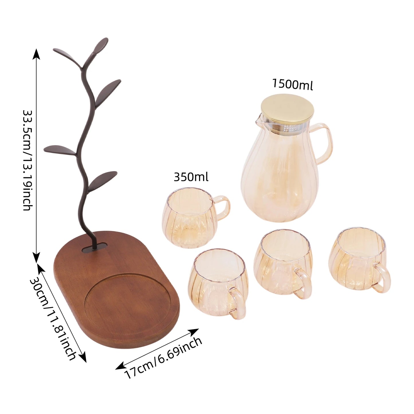 Borosilicate Glass Pitcher Set With 4 Cups And Wooden Rack