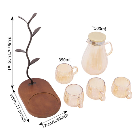 Borosilicate Glass Pitcher Set With 4 Cups And Wooden Rack