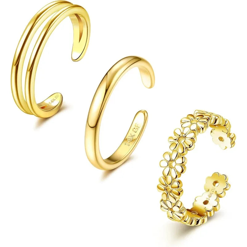 Adjustable 14K Gold Plated Toe Ring Set Featuring Cubic Zirconia