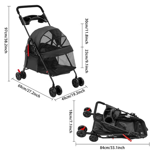 Foldable Pet Stroller Dogs Travel Cart Cats Wheelcart 69*49*97cm Lightweight for Small to Medium-sized Dog and Cat 4.54-18.14kg