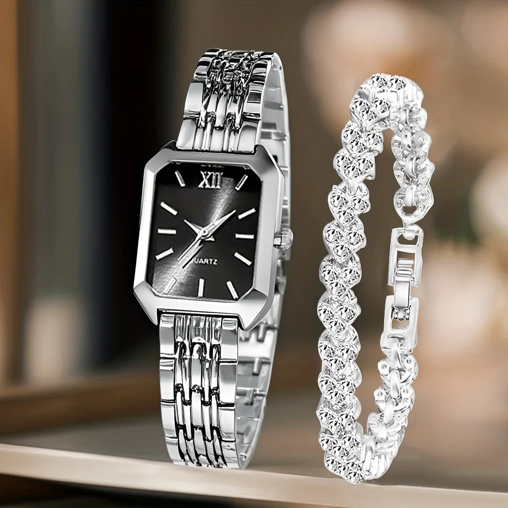 Two Piece Rectangle Women Quartz Watch With Rhinestone Bracelet Set