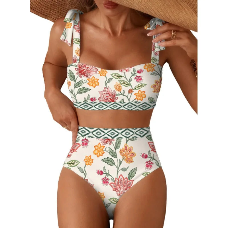 Women's 2026 Two Piece Bikini Set Striped High Waist Tie Shoulder Swimsuit Summer Beachwear