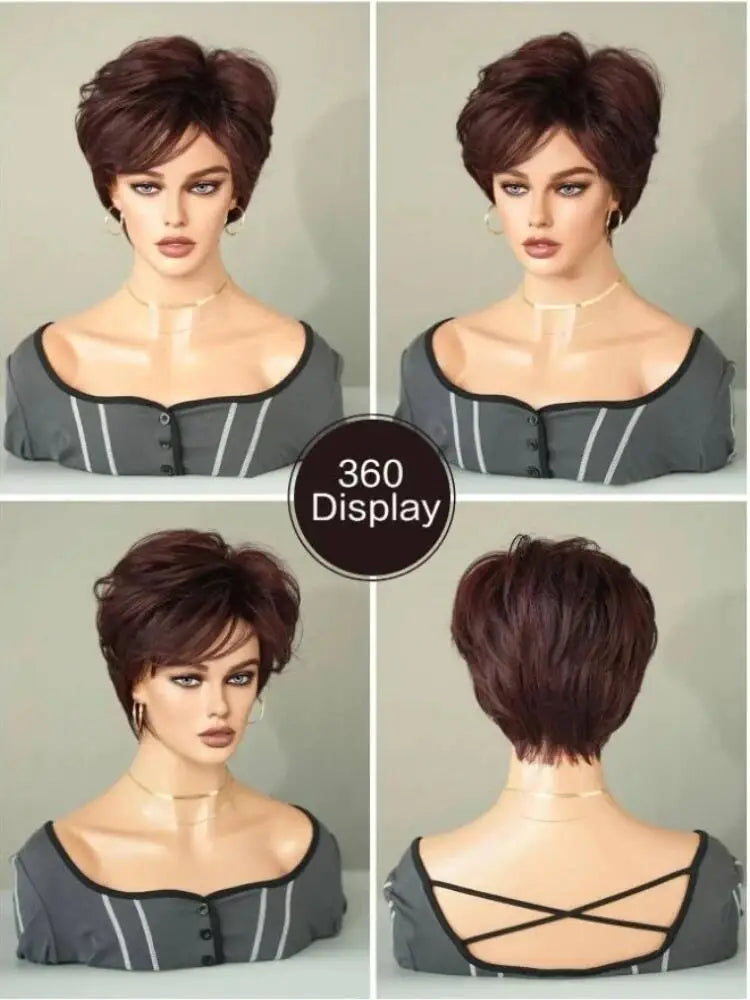 Short Elf cut wig suitable for black and white women's daily summer wig Short Deep Red Synthetic Wig with Bangs, 10 Inches